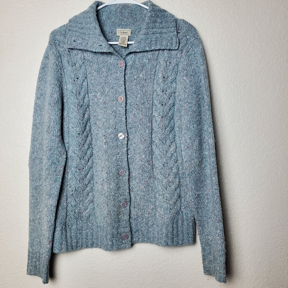 LL Bean Womens Cardigan Sweater Size M Heathered Lt Blue Wool Blend Cable Knit